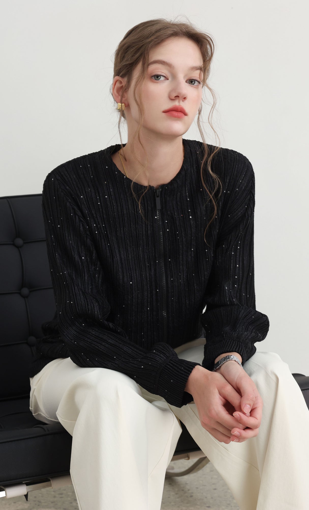 Tweed pleats blouson jumper_black