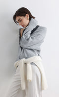 High Neck Knitted Pleated Zip-Up Cardigan_Grey