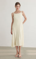 Tweed pleats sleveless flare dress_ivory