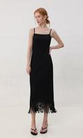 Fringe pleated slip dress_black
