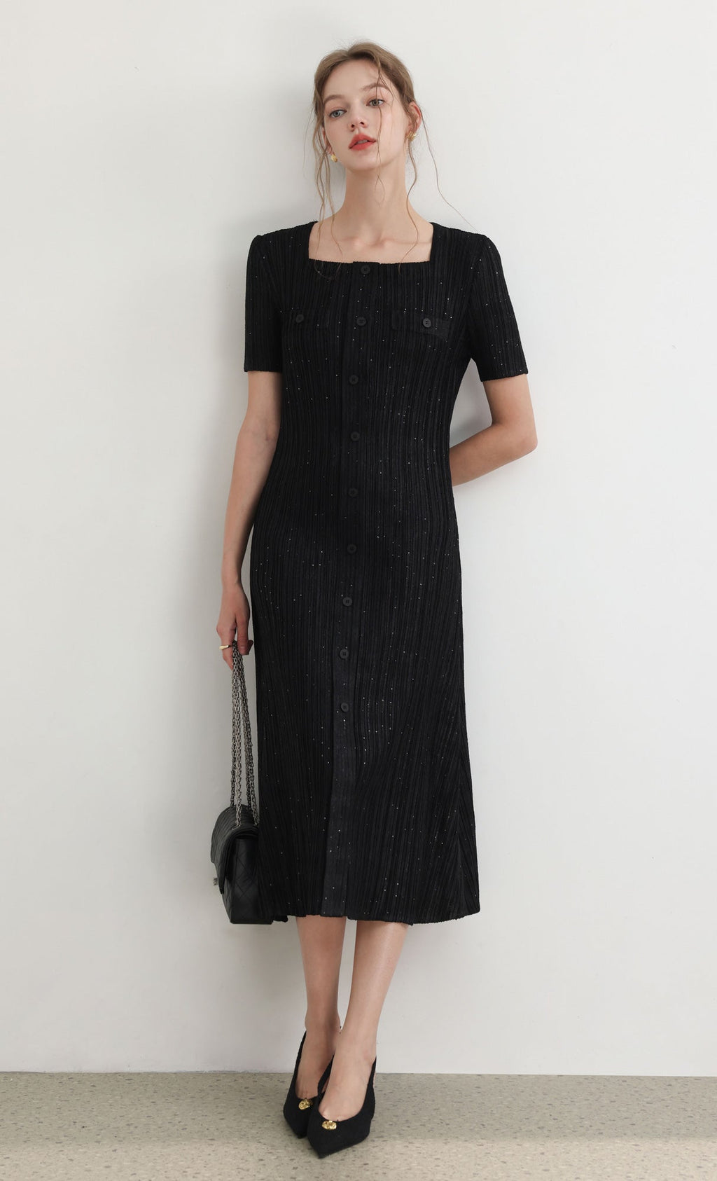 Tweed pleats square neck dress_black