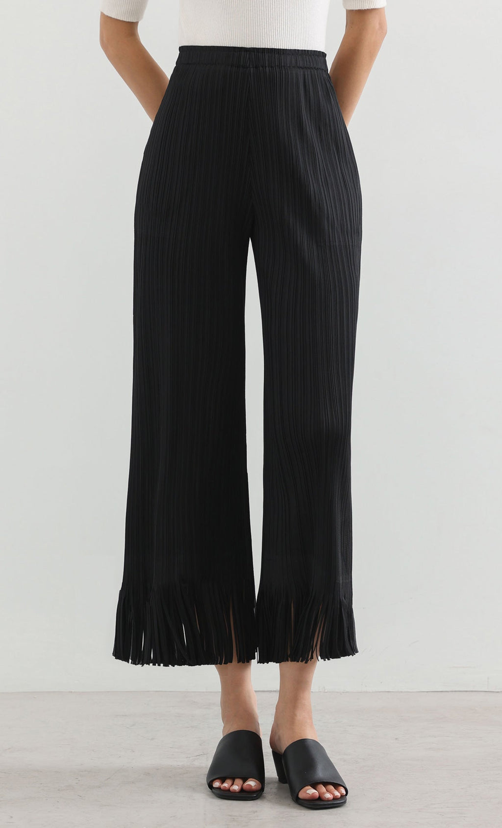 frill hem pleats pants_black