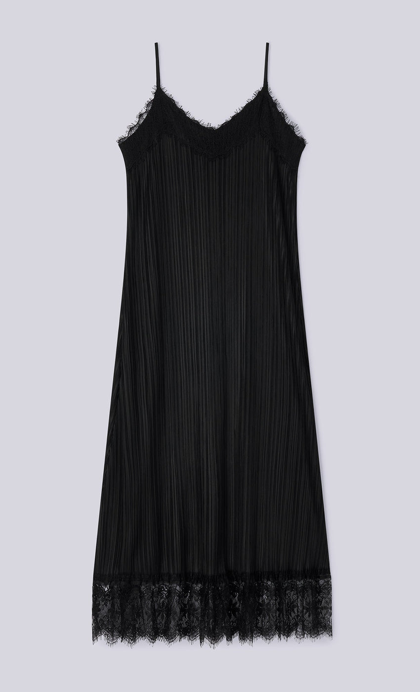 Pleated lace slip dress (black)