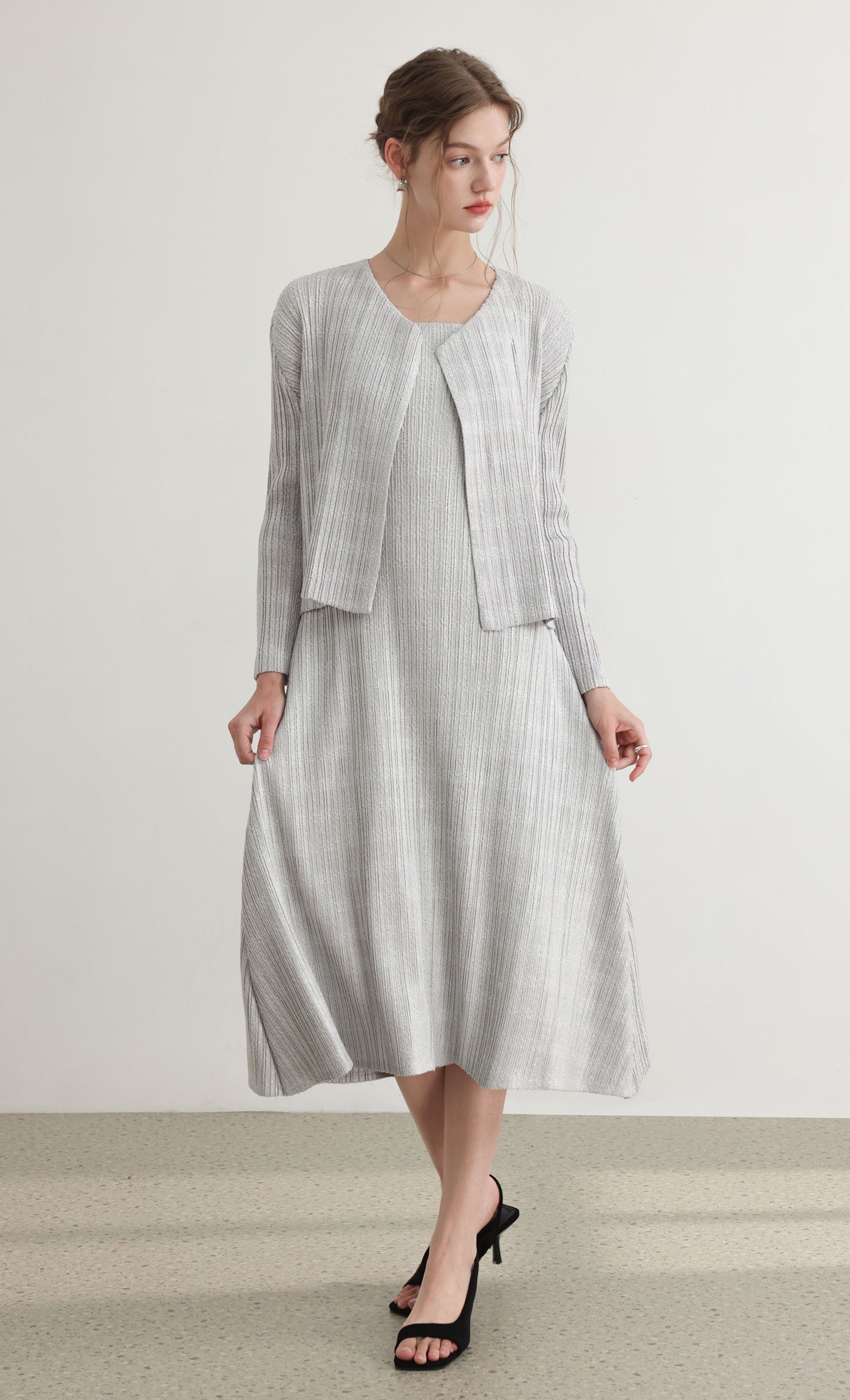 Tweed pleats sleveless flare dress_grey