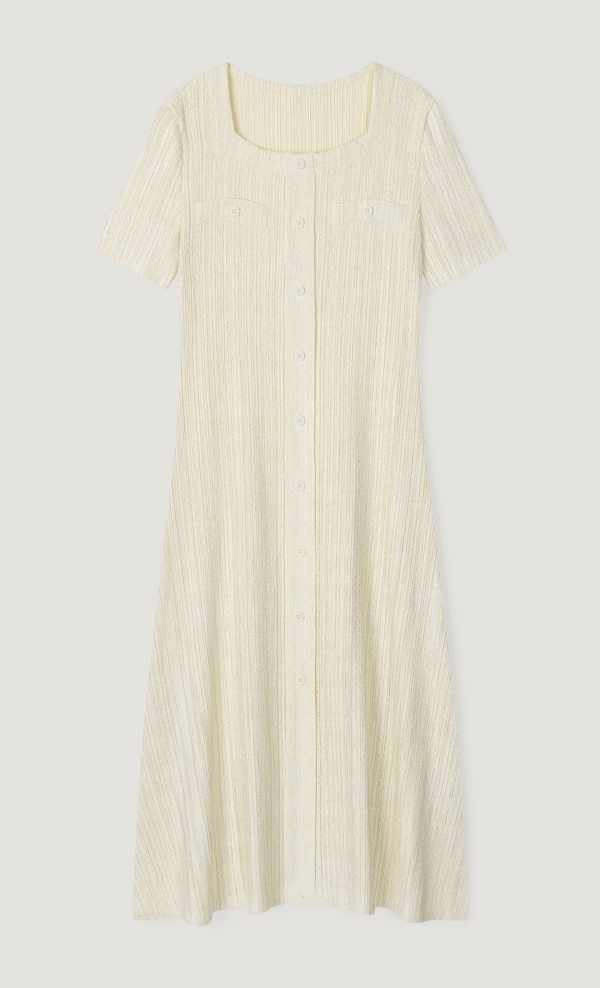 Tweed pleats square neck dress_ivory