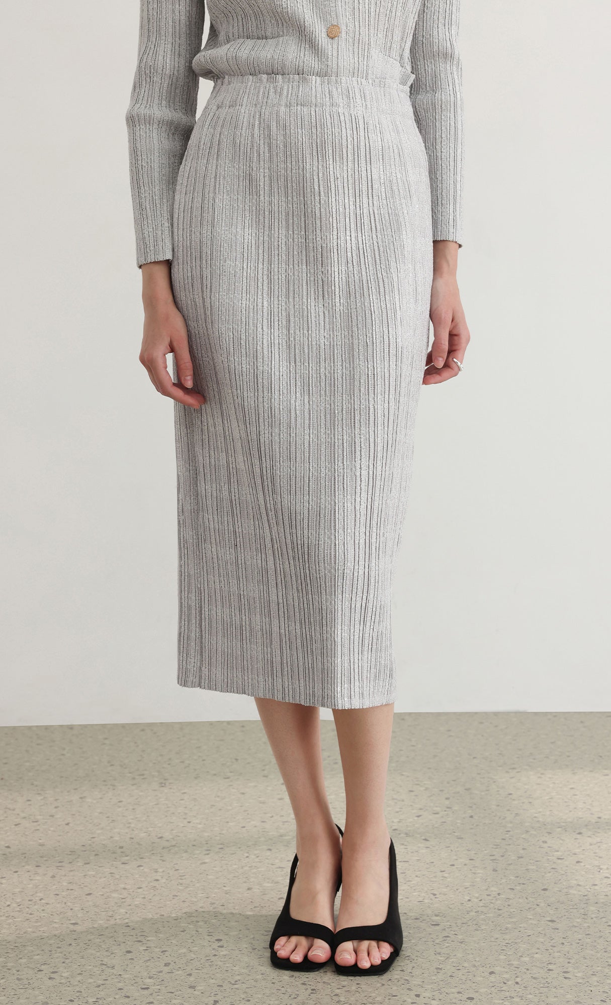Tweed pleats banding skirt_grey