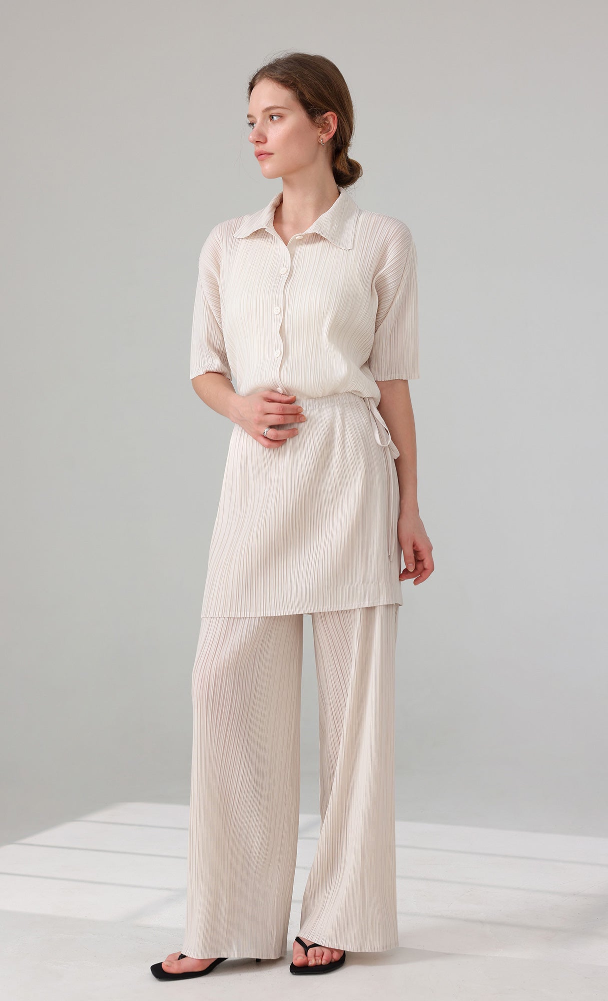 Siny Pleated Layered Wrap Skirt Pants Set_ivory