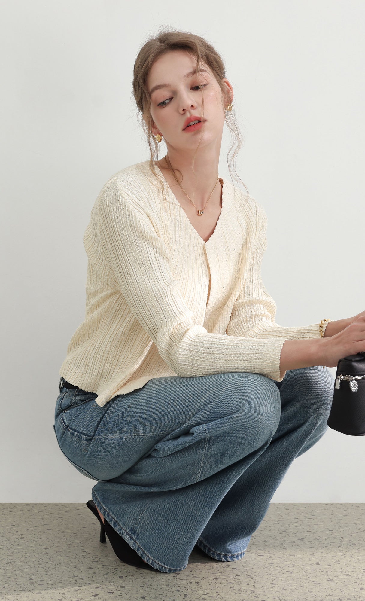 Tweed pleats cardigan_ivory