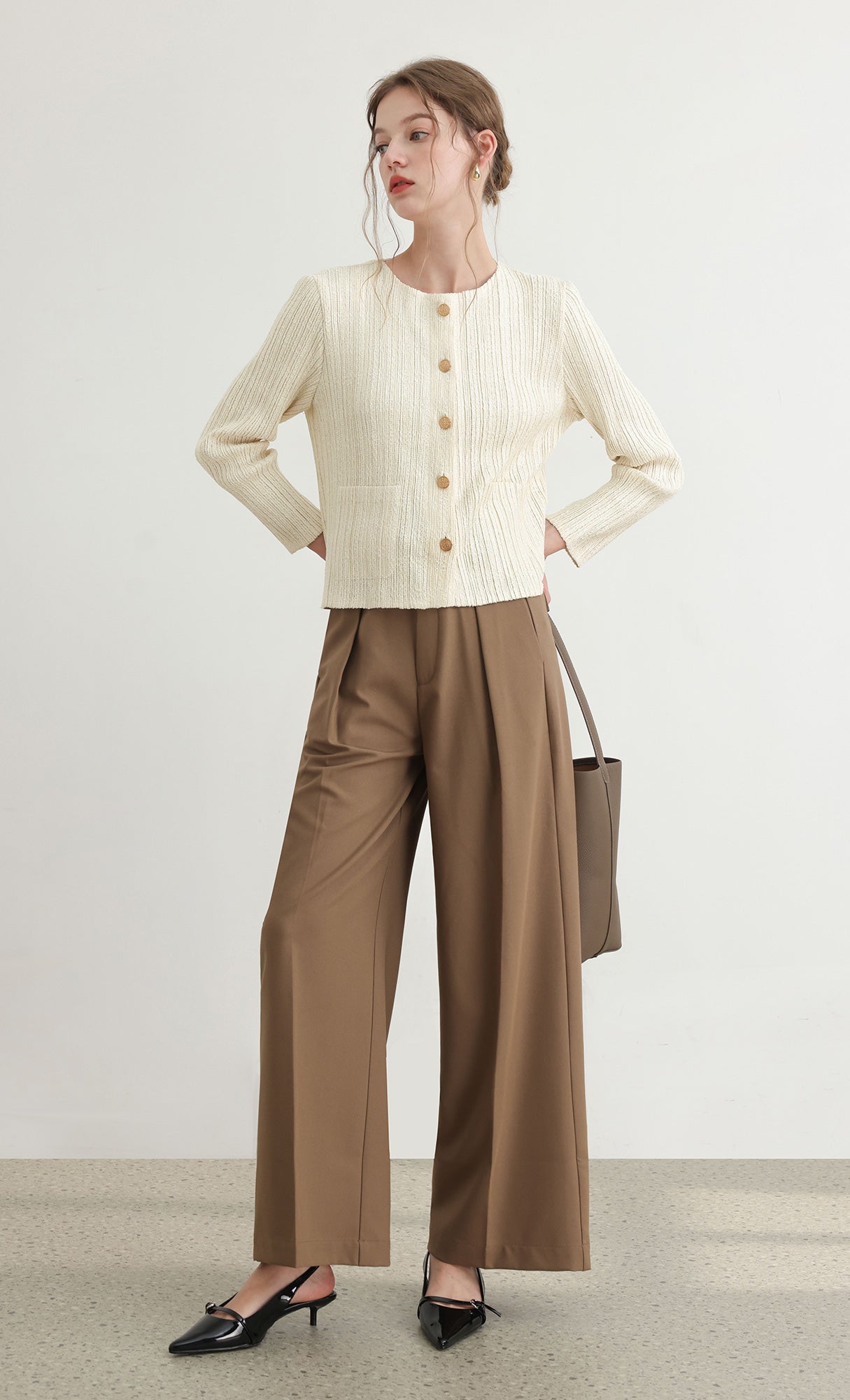 Tweed pleats cardigan jacket_ivory