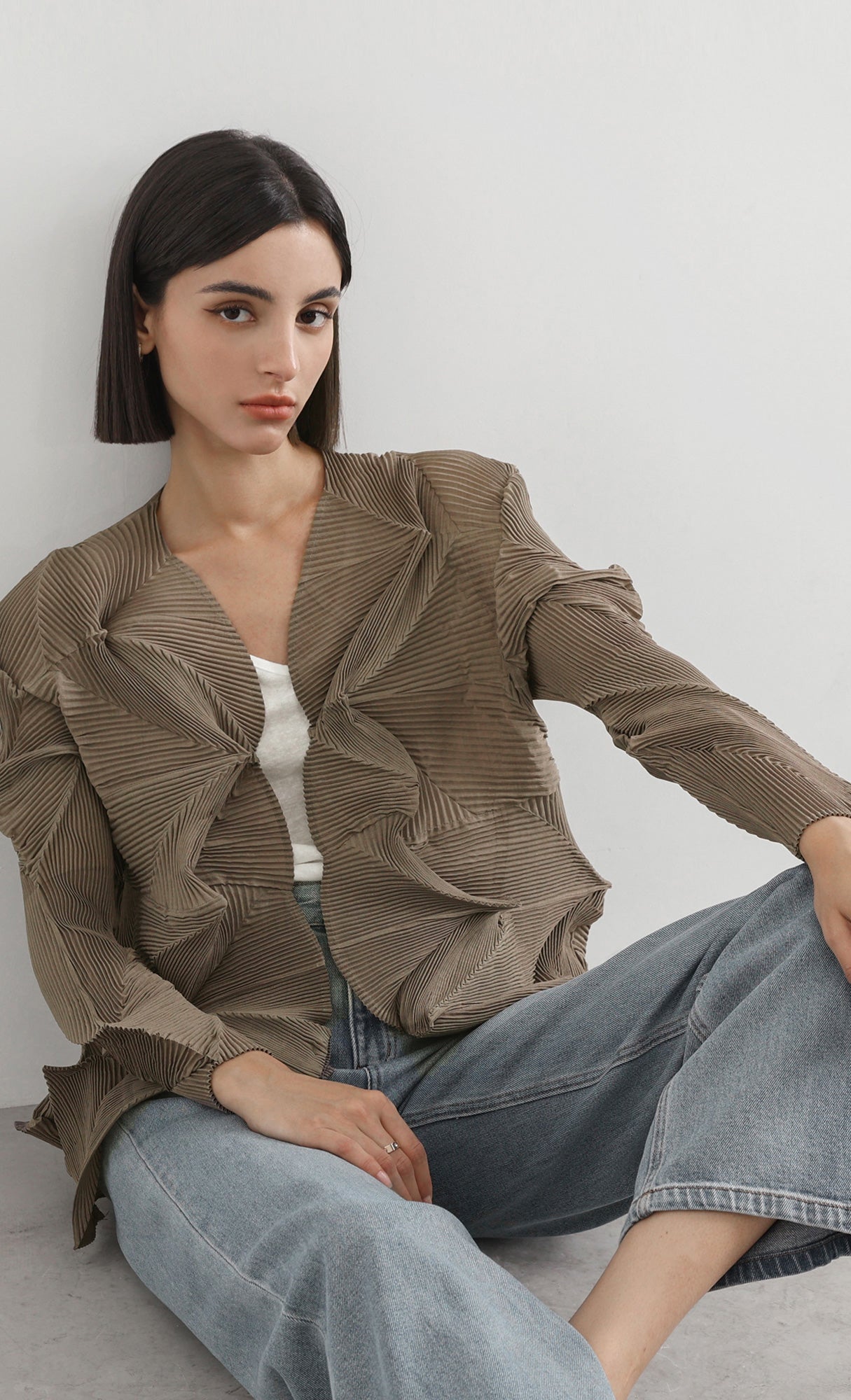 geo pleated jacket cardigan_brown