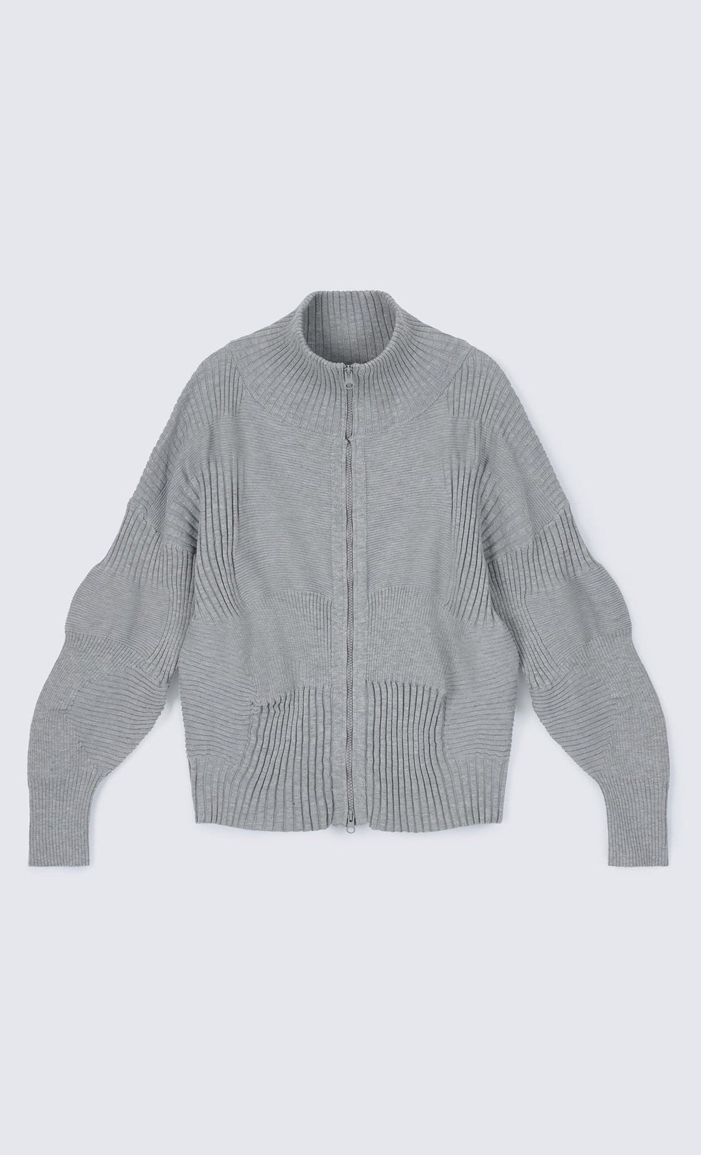 High Neck Knitted Pleated Zip-Up Cardigan_Grey