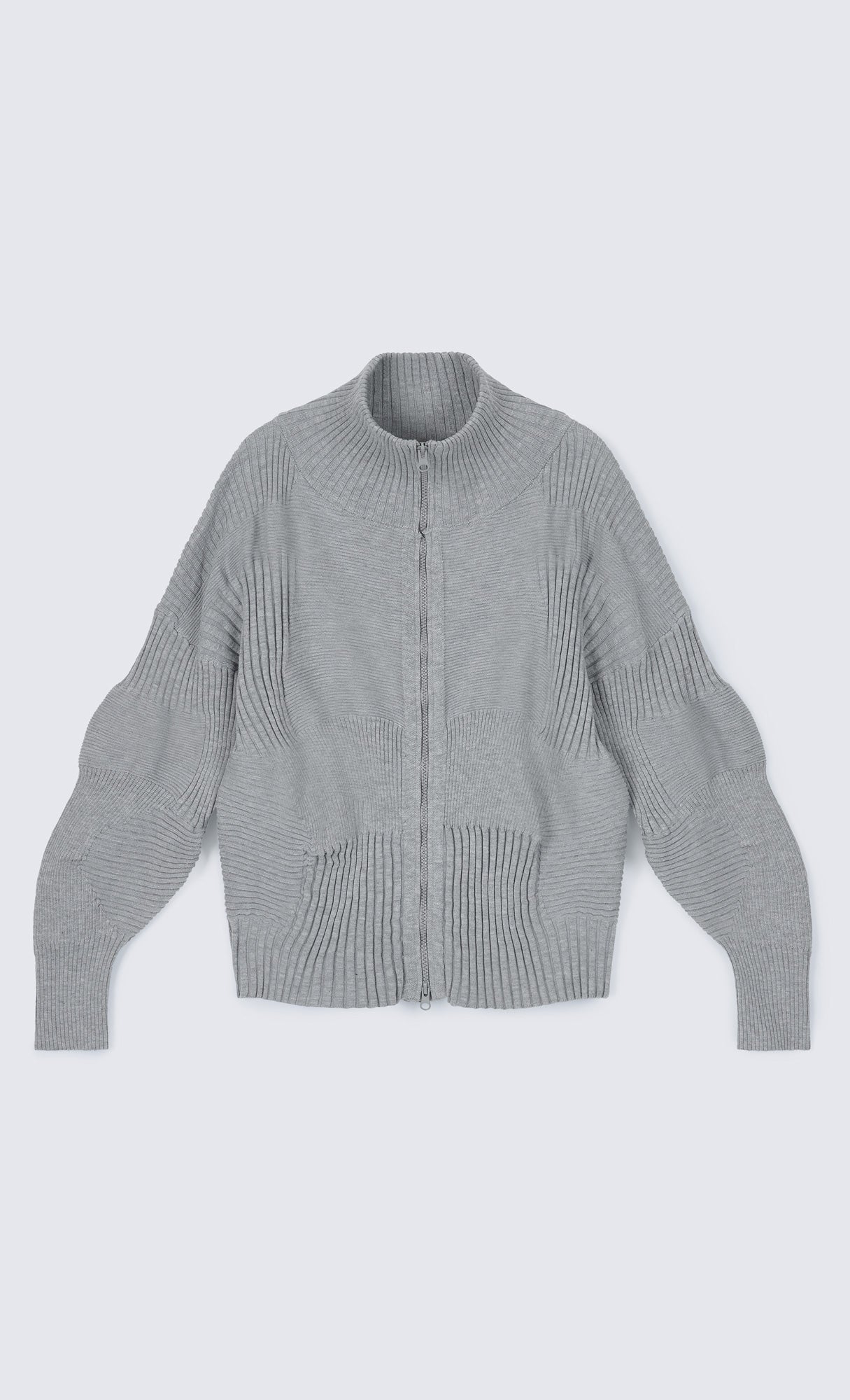 High Neck Knitted Pleated Zip-Up Cardigan_Grey