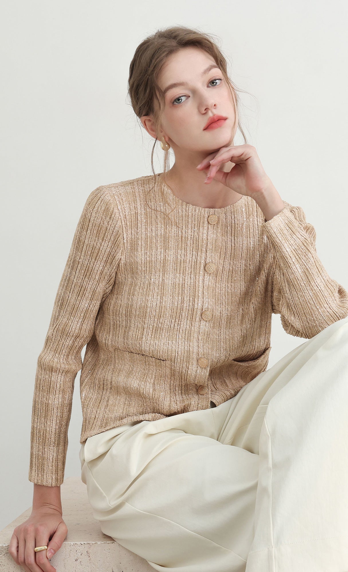 Tweed pleats cardigan jacket_beige