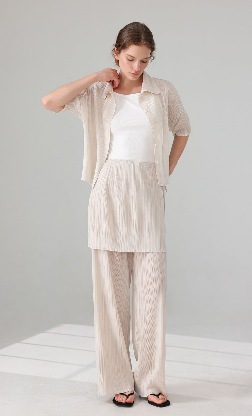 Siny Pleated Layered Wrap Skirt Pants Set_ivory