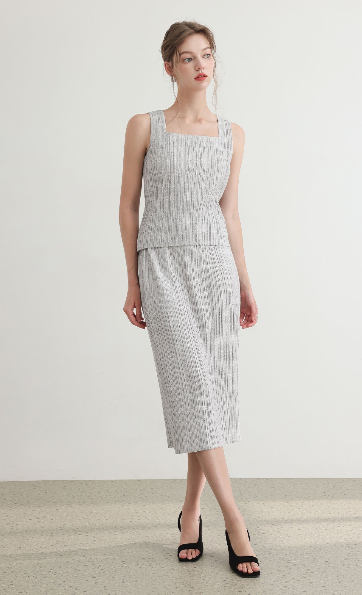 Tweed pleats banding skirt_grey