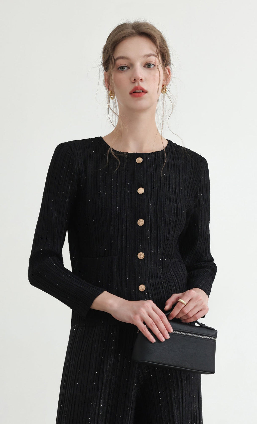 Tweed pleats cardigan jacket_black