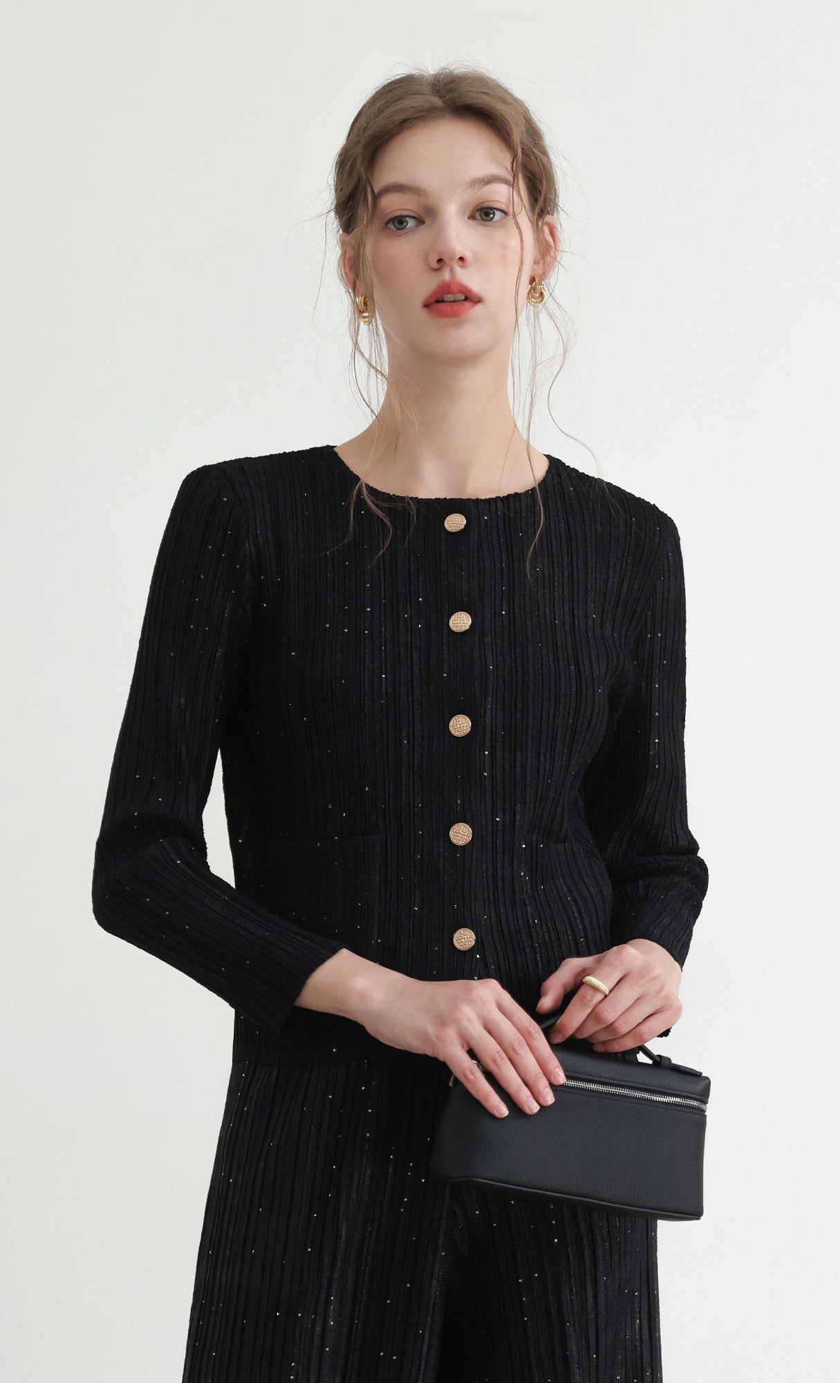 Tweed pleats cardigan jacket_black