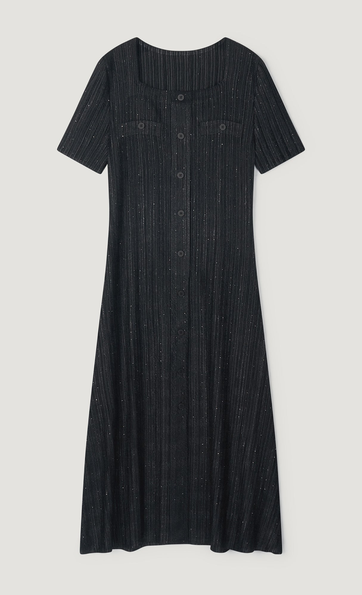 Tweed pleats square neck dress_black