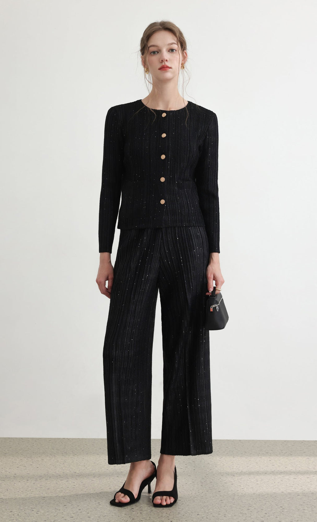 Tweed pleats cardigan jacket_black