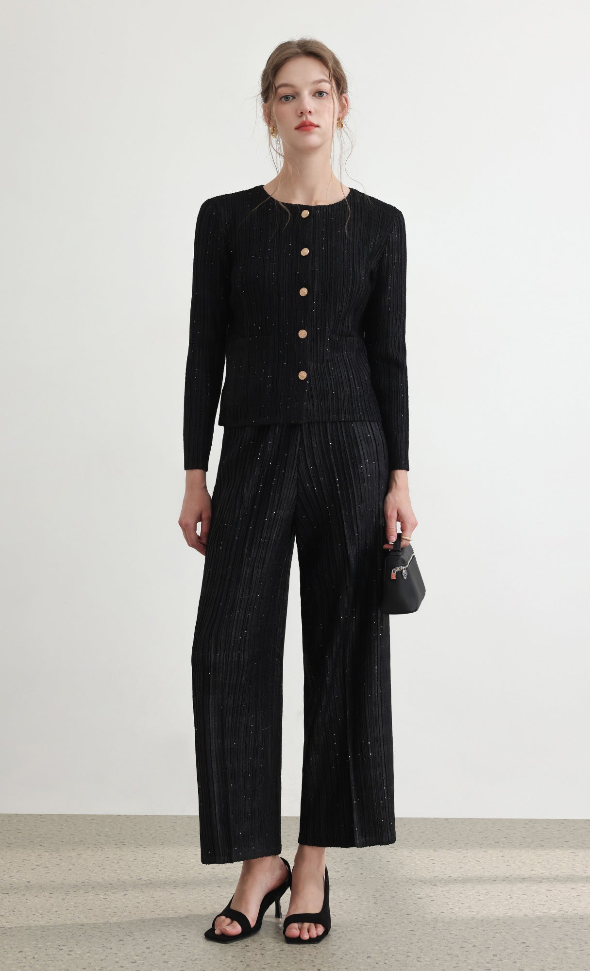 Tweed pleats cardigan jacket_black