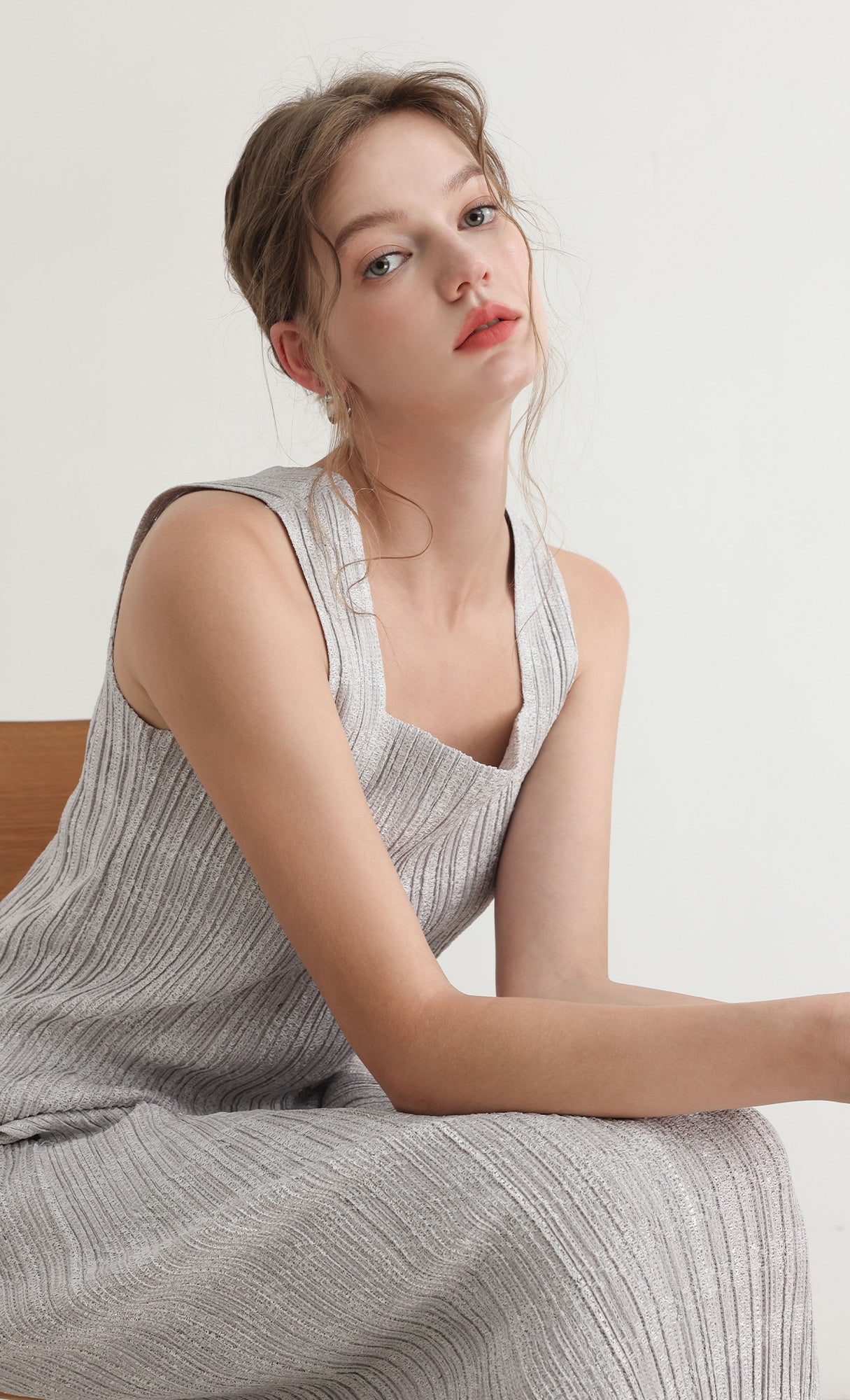 Tweed pleats banding skirt_grey