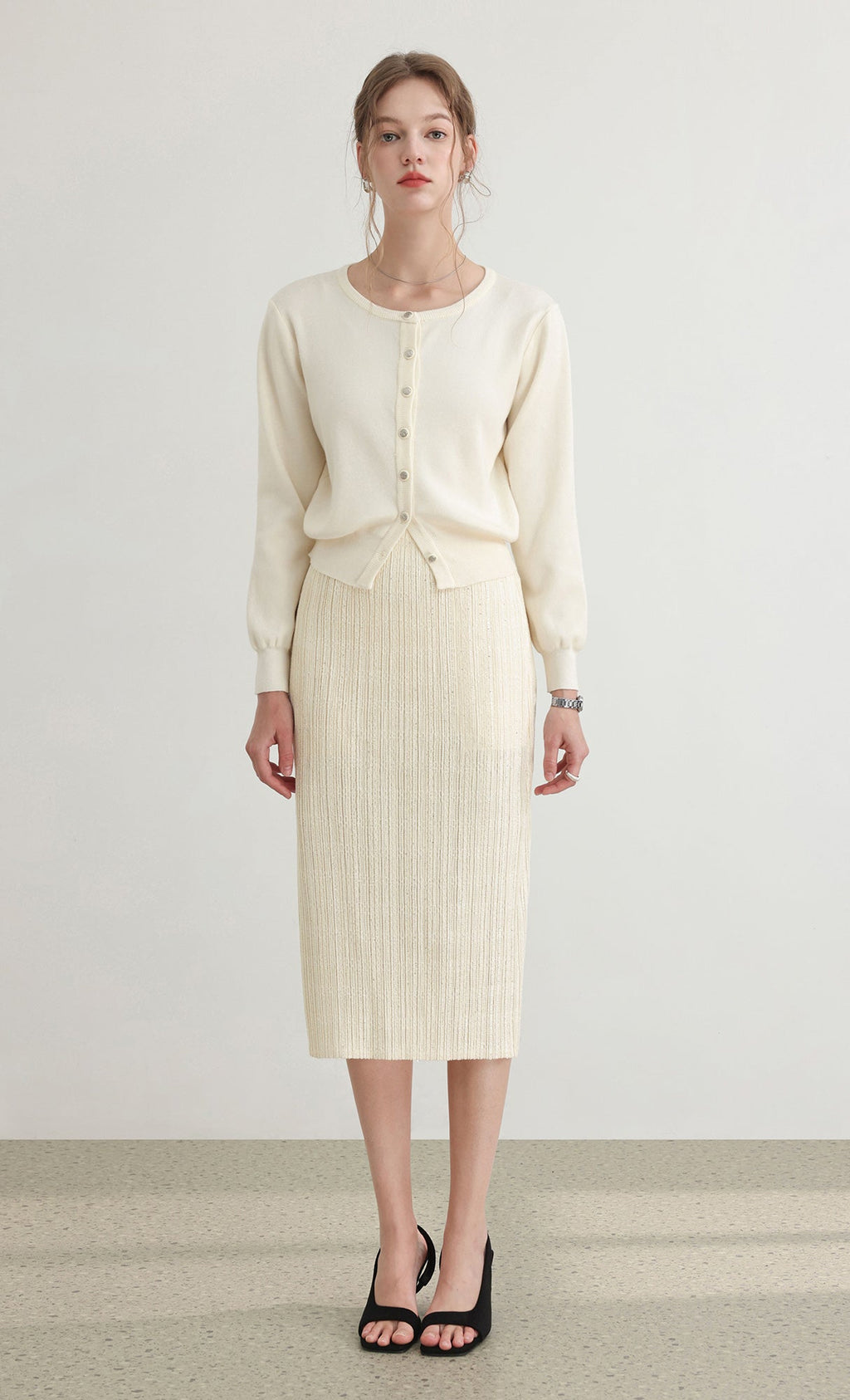 Tweed pleats banding skirt_ivory