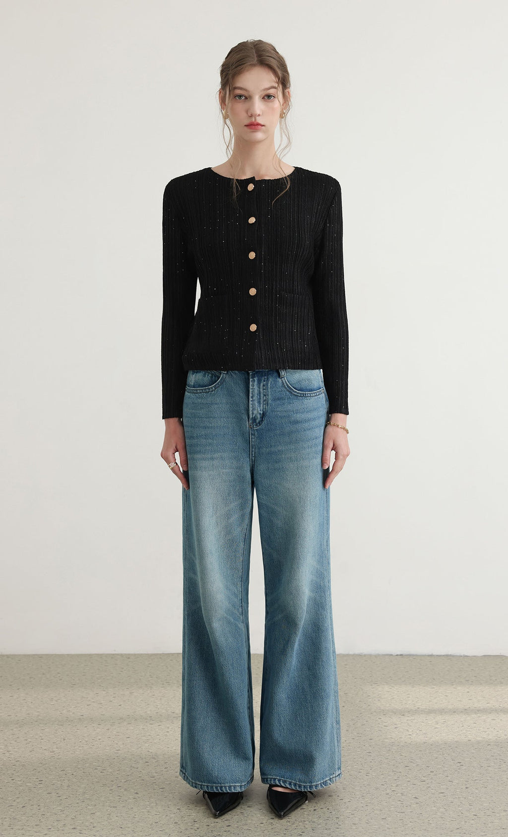 Tweed pleats cardigan jacket_black