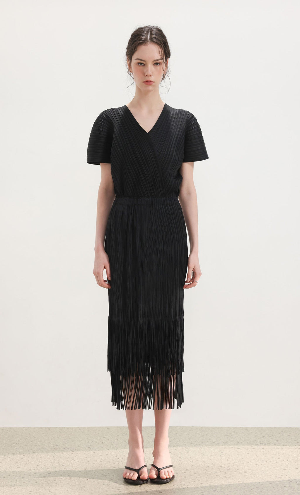 Fringe pleated skirt_black