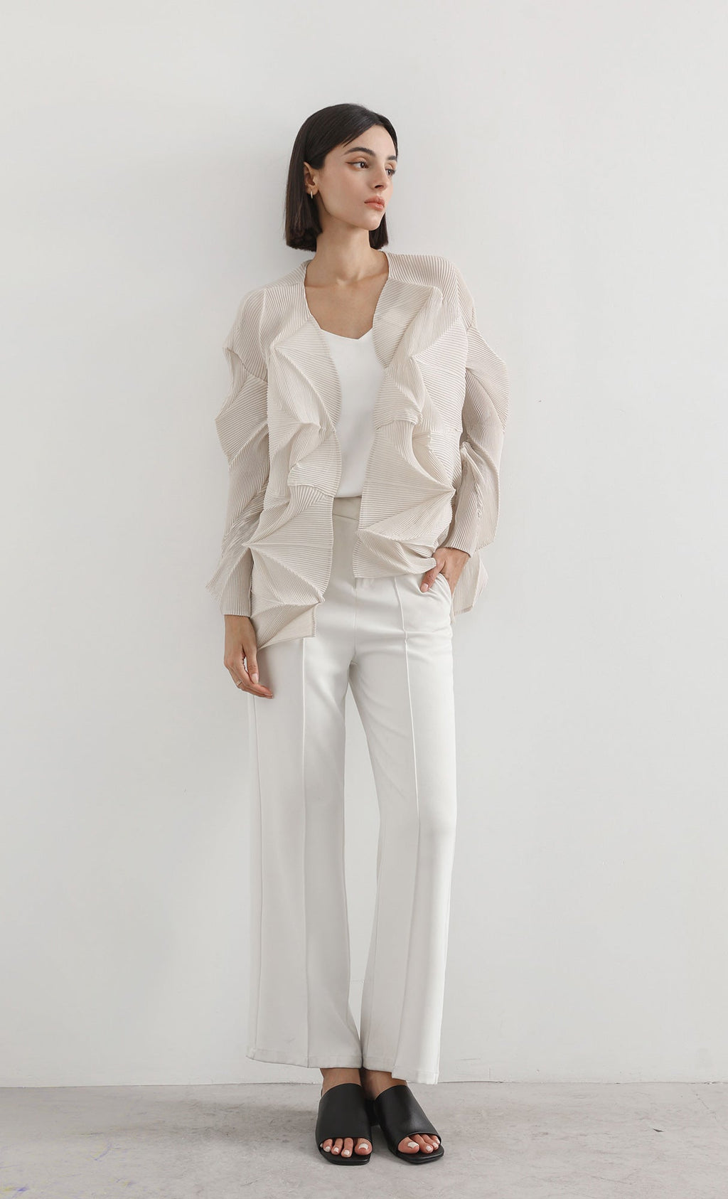 geo pleated jacket cardigan_beige