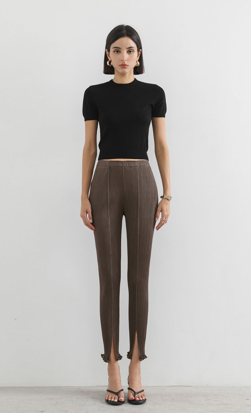 narrow pleated slit pants_brown