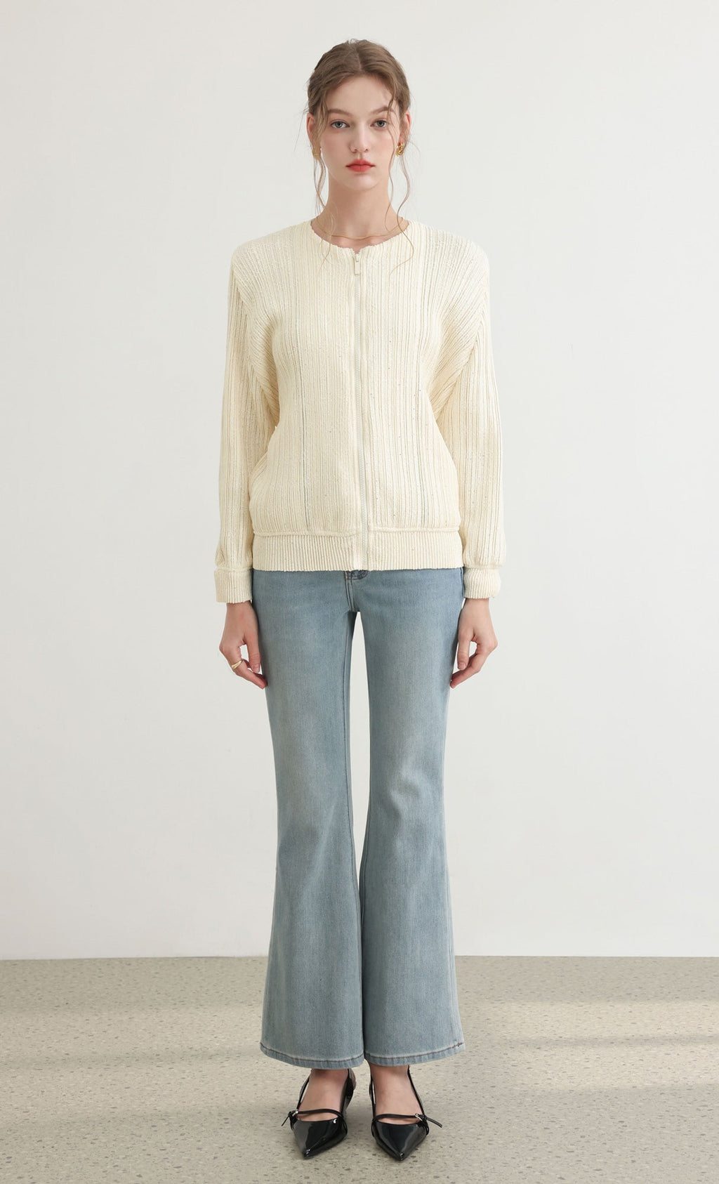 Tweed pleats blouson jumper_ivory