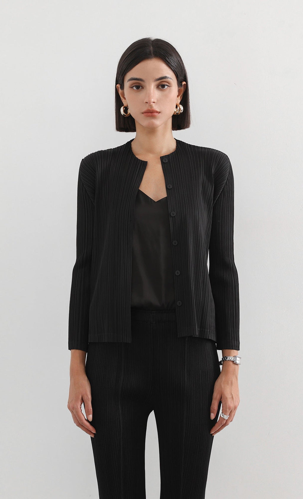button basic pleated cardigan_black