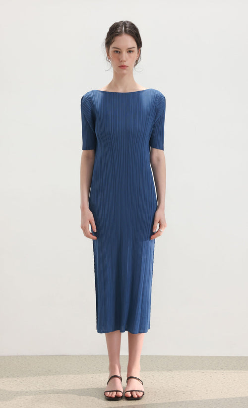 Dalia half-sleeve pleated dress_blue