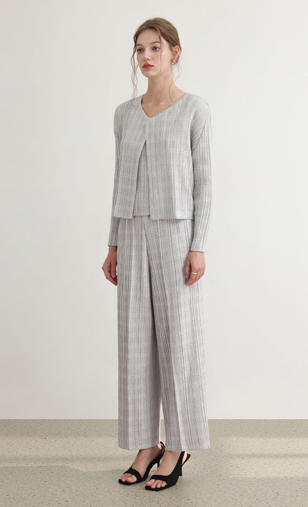 Tweed pleats pintuck pants_grey