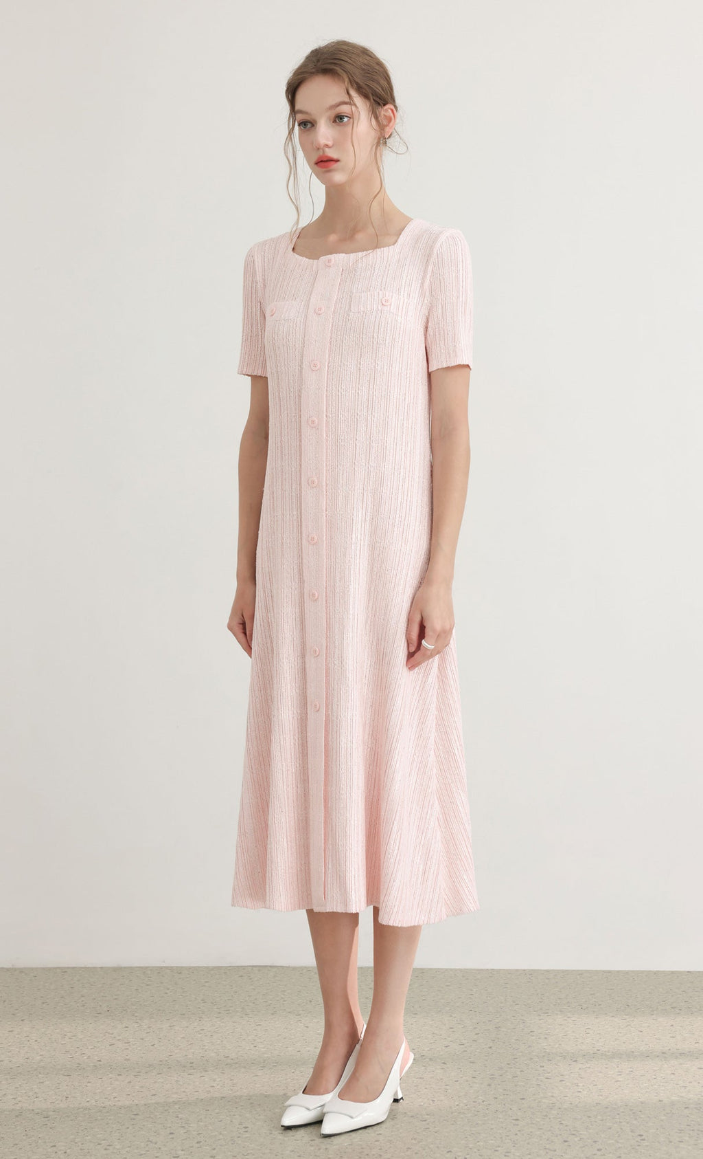 Tweed pleats square neck dress_pink
