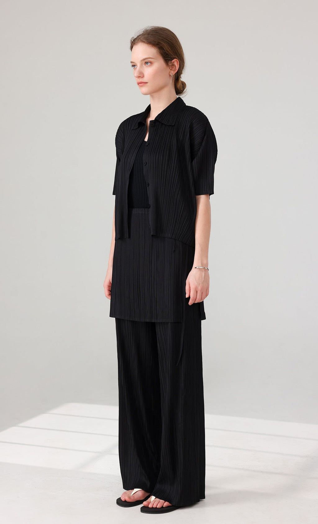 Siny Pleated Layered Wrap Skirt Pants Set_black