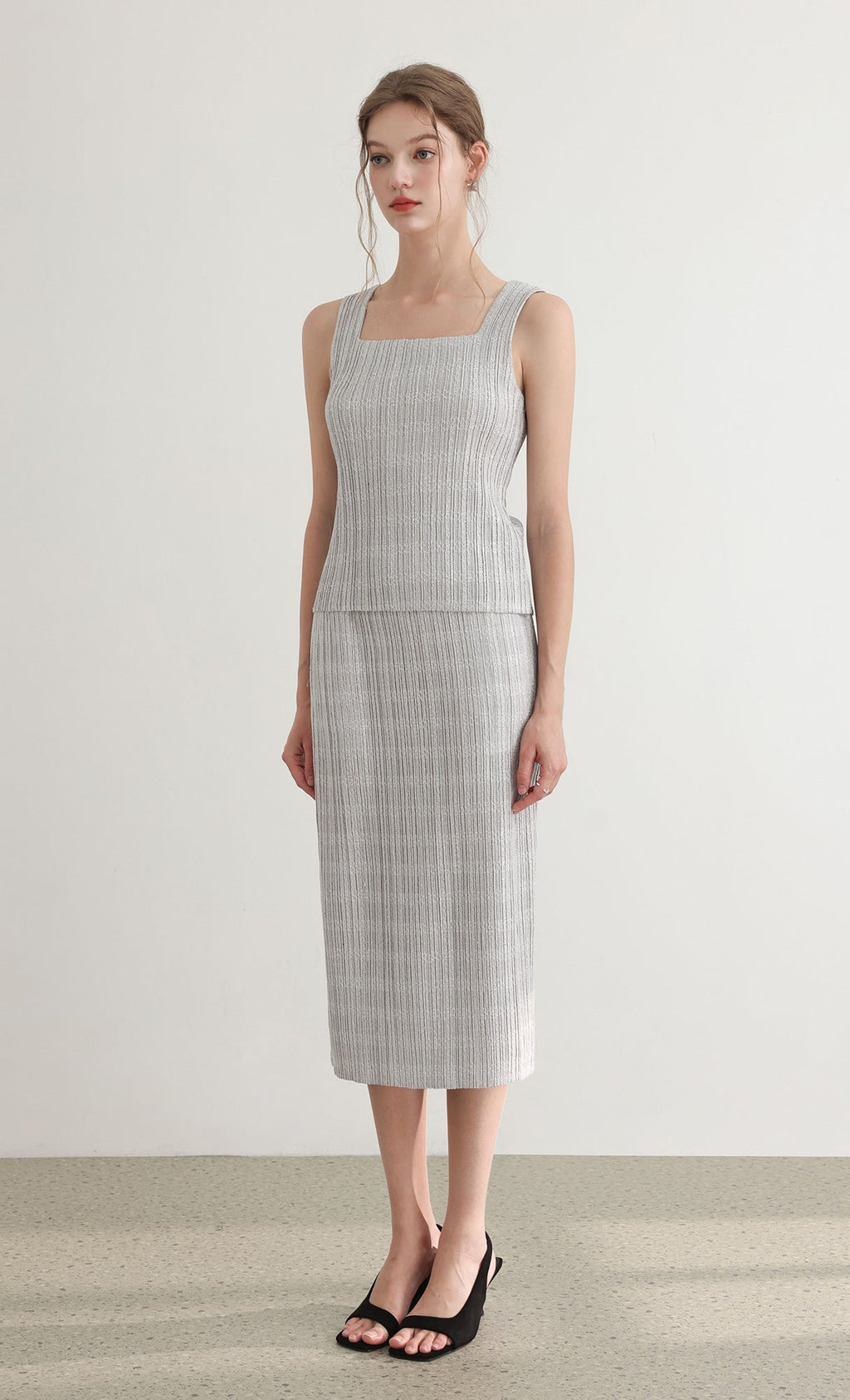 Tweed pleats banding skirt_grey