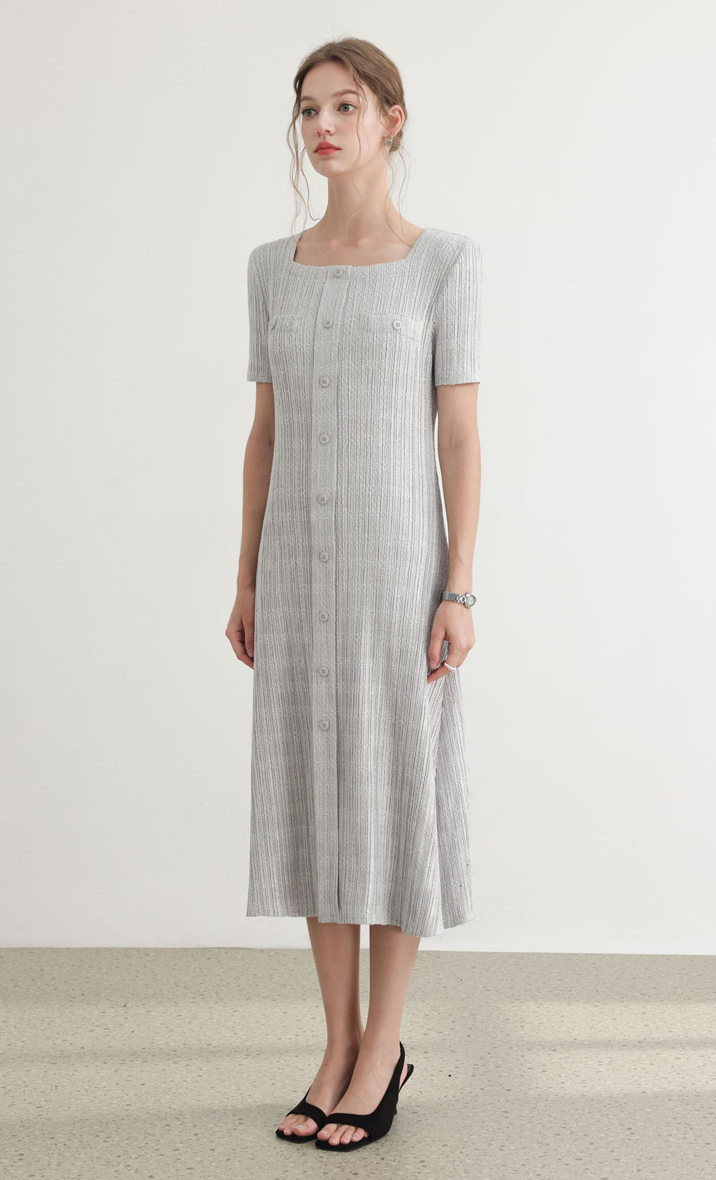 Tweed pleats square neck dress_grey