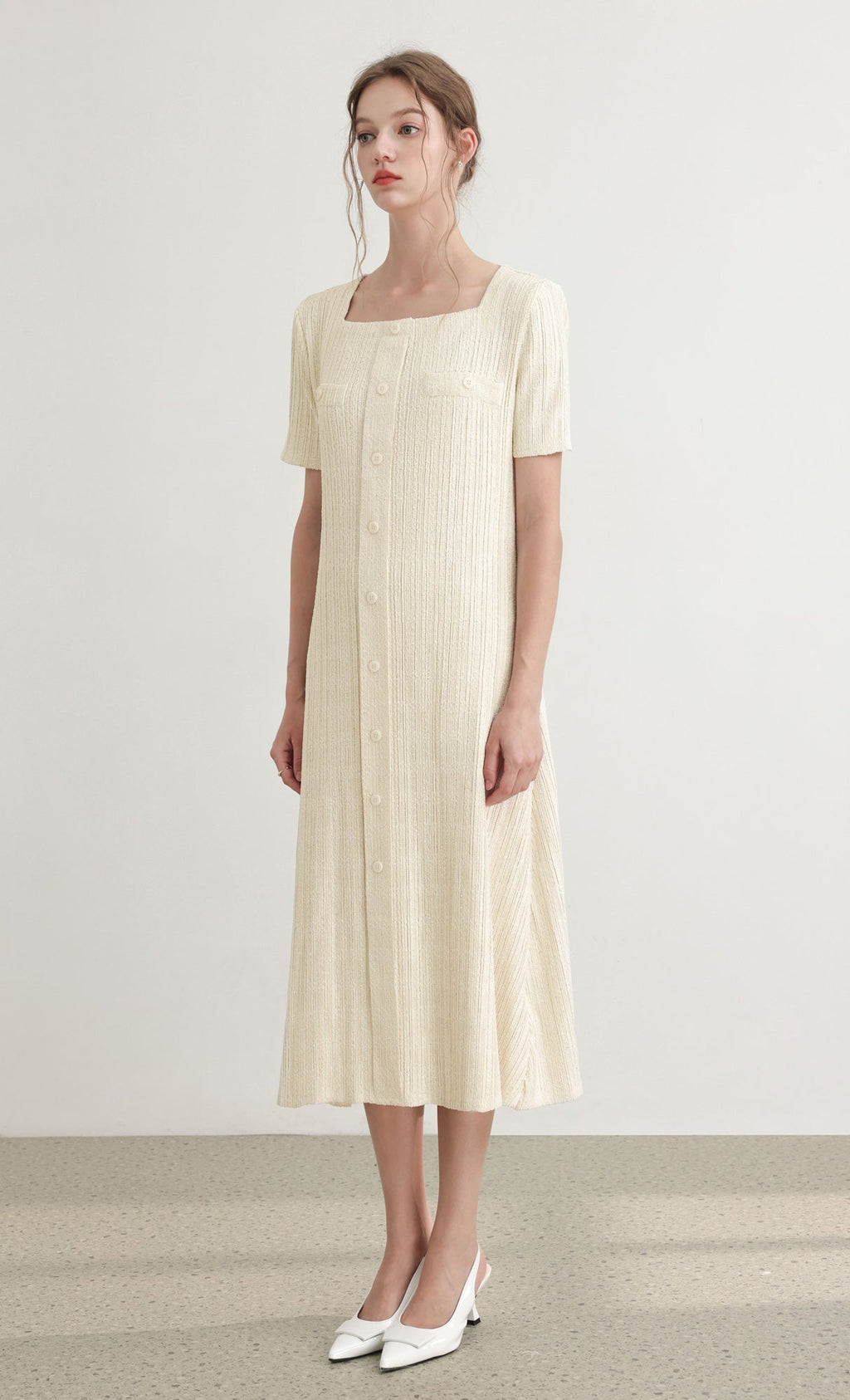 Tweed pleats square neck dress_ivory