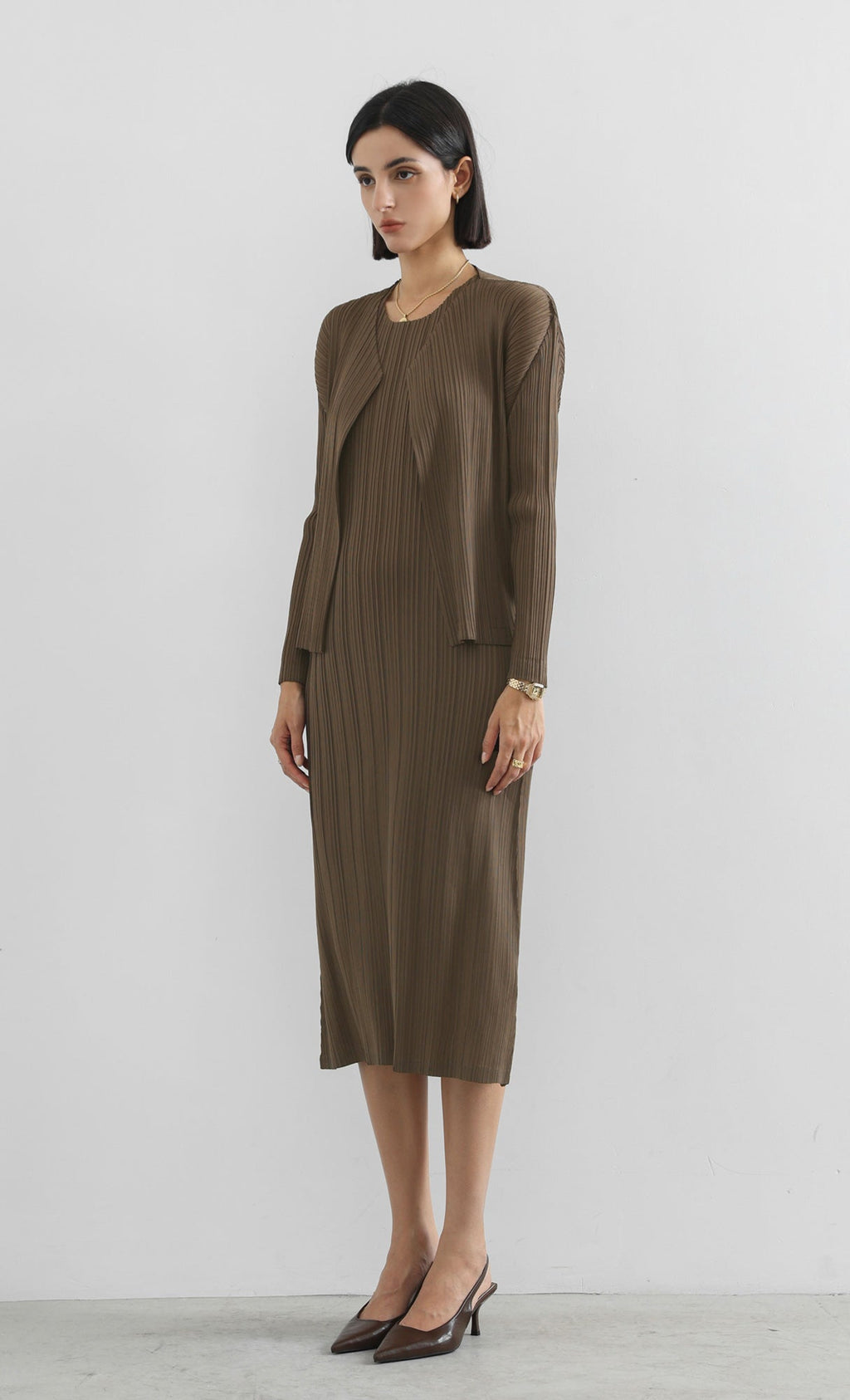 modi pleated cardigan_brown