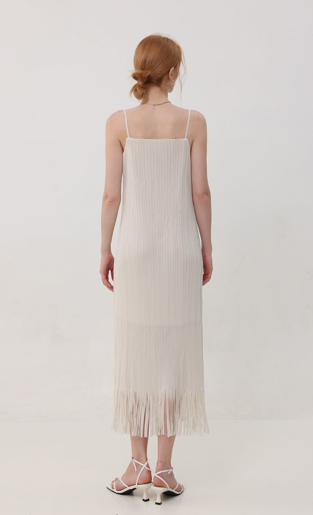 Fringe pleated slip dress_ivory