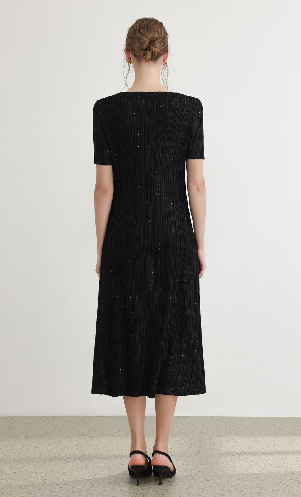Tweed pleats square neck dress_black