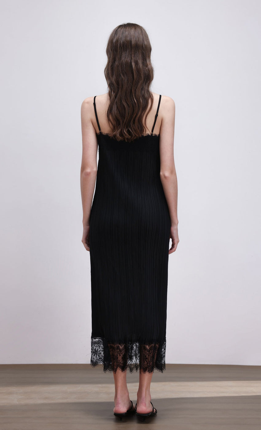 Pleated lace slip dress (black)