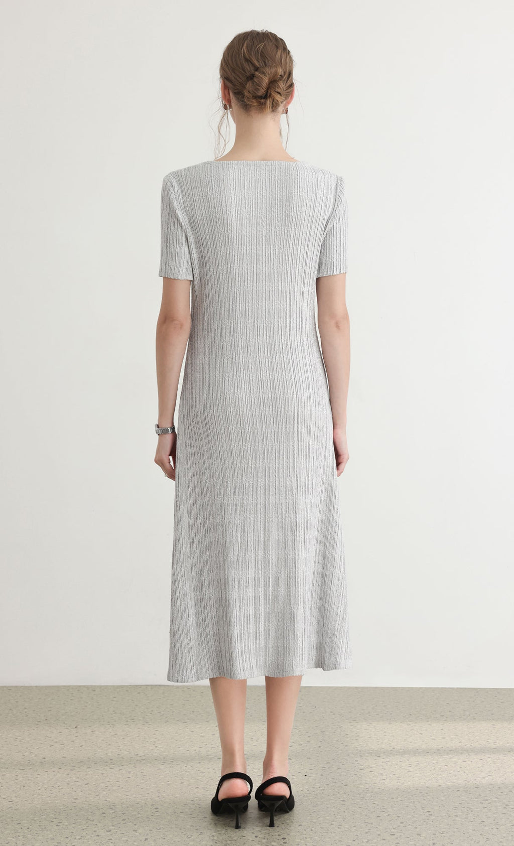 Tweed pleats square neck dress_grey