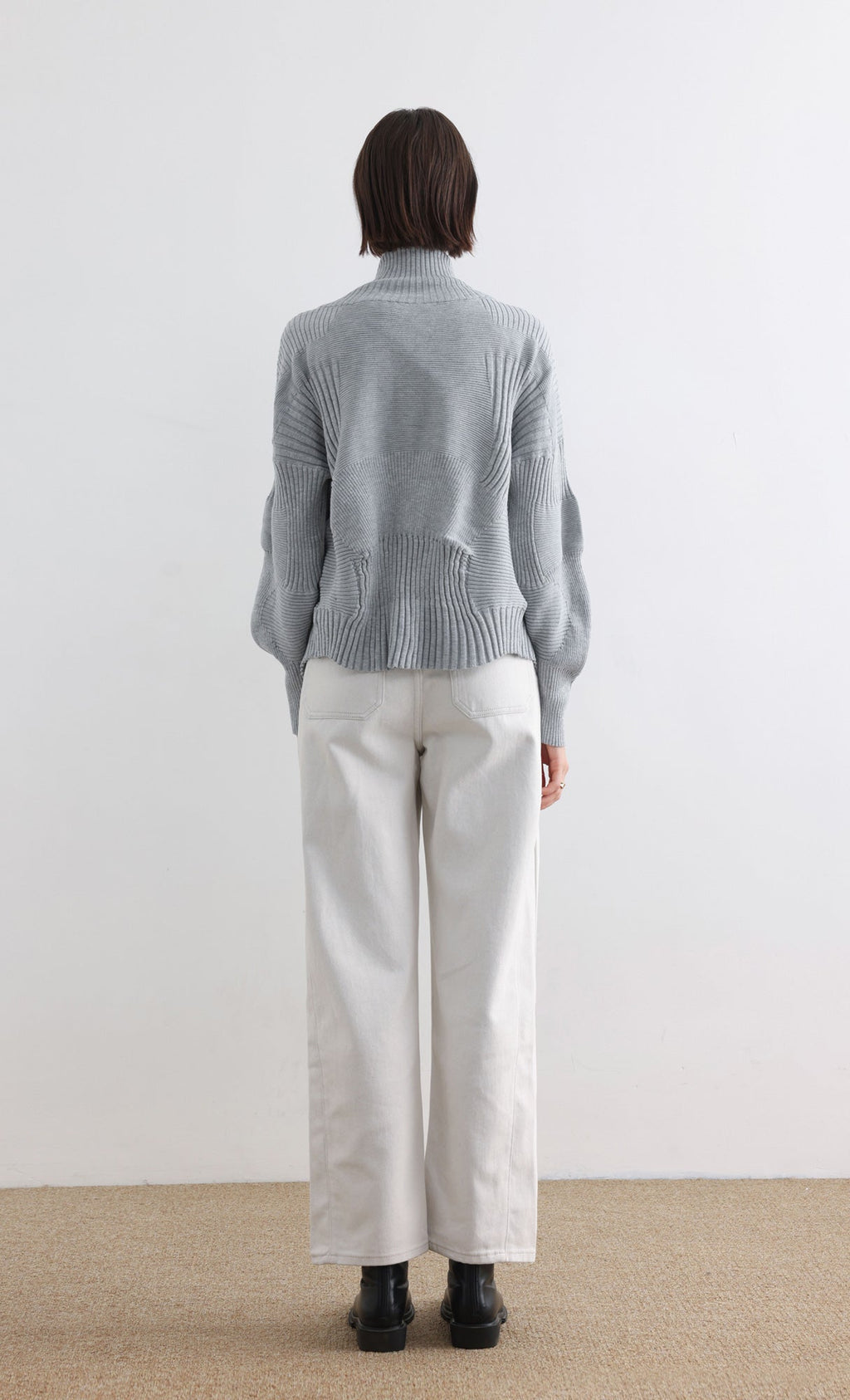 High Neck Knitted Pleated Zip-Up Cardigan_Grey