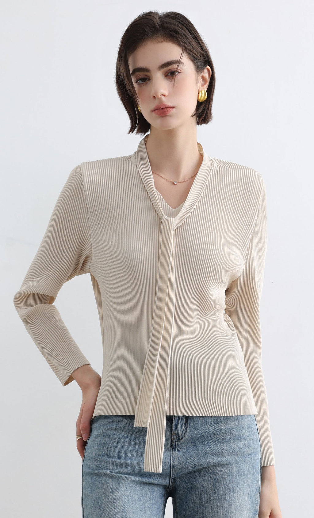 Ribbon Tie Pleated Top_Ivory