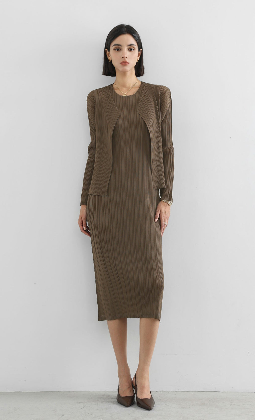 modi pleated cardigan_brown