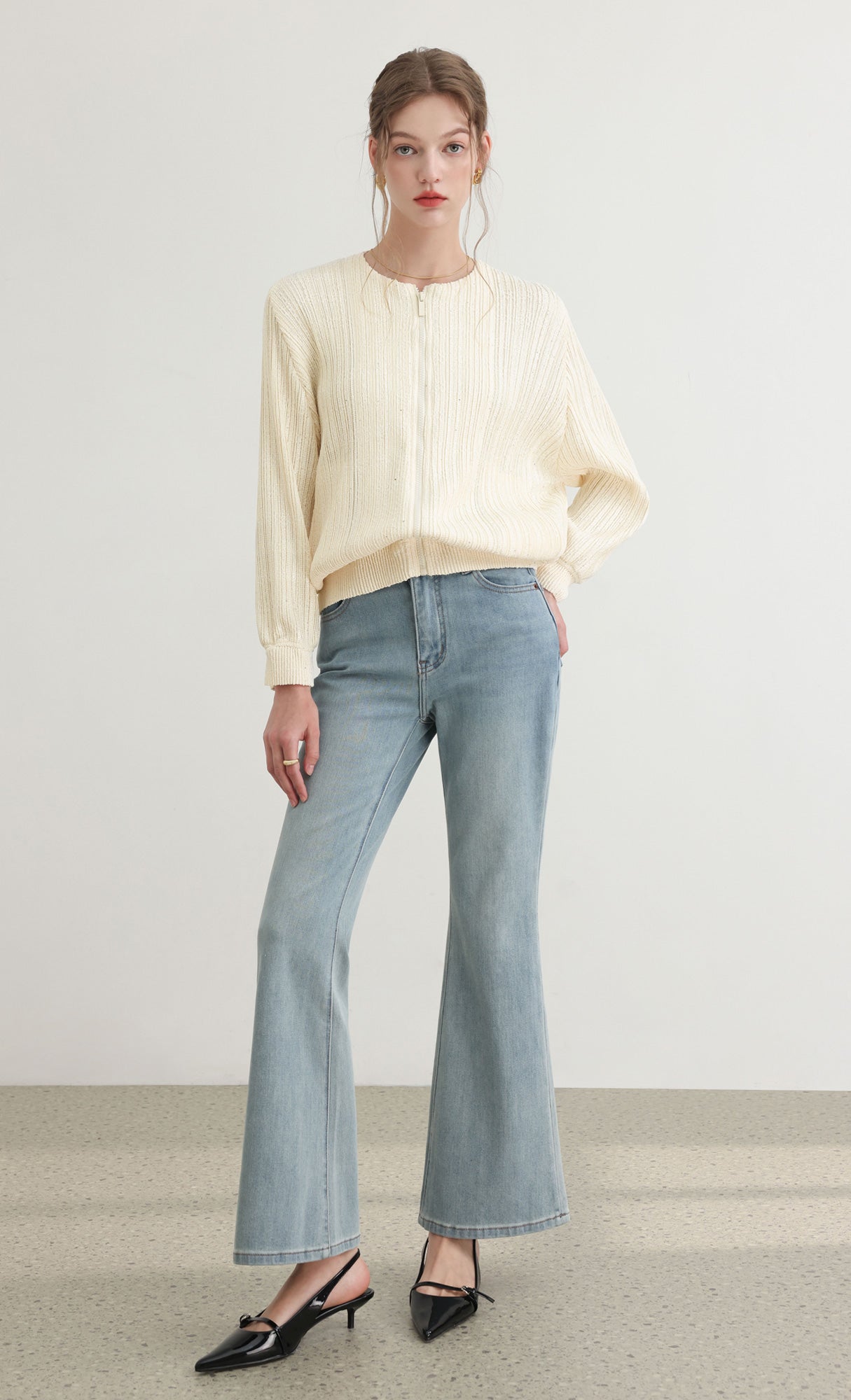 Tweed pleats blouson jumper_ivory