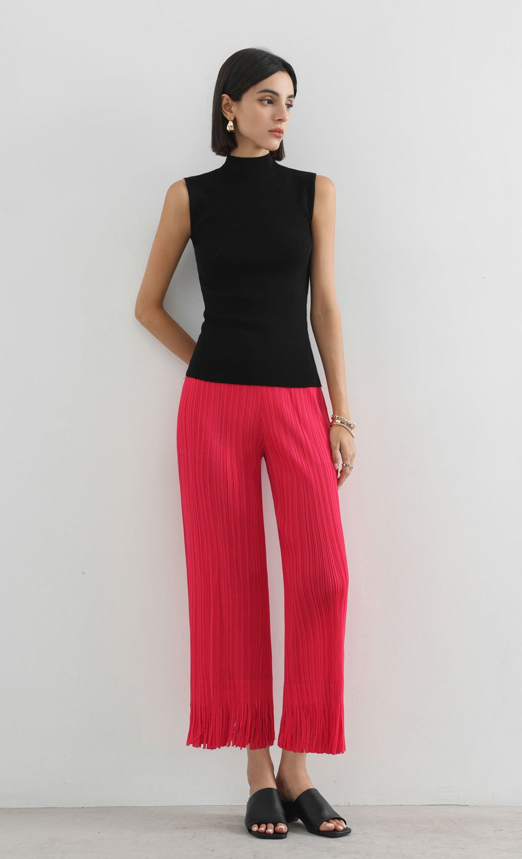 frill hem pleated pants_red