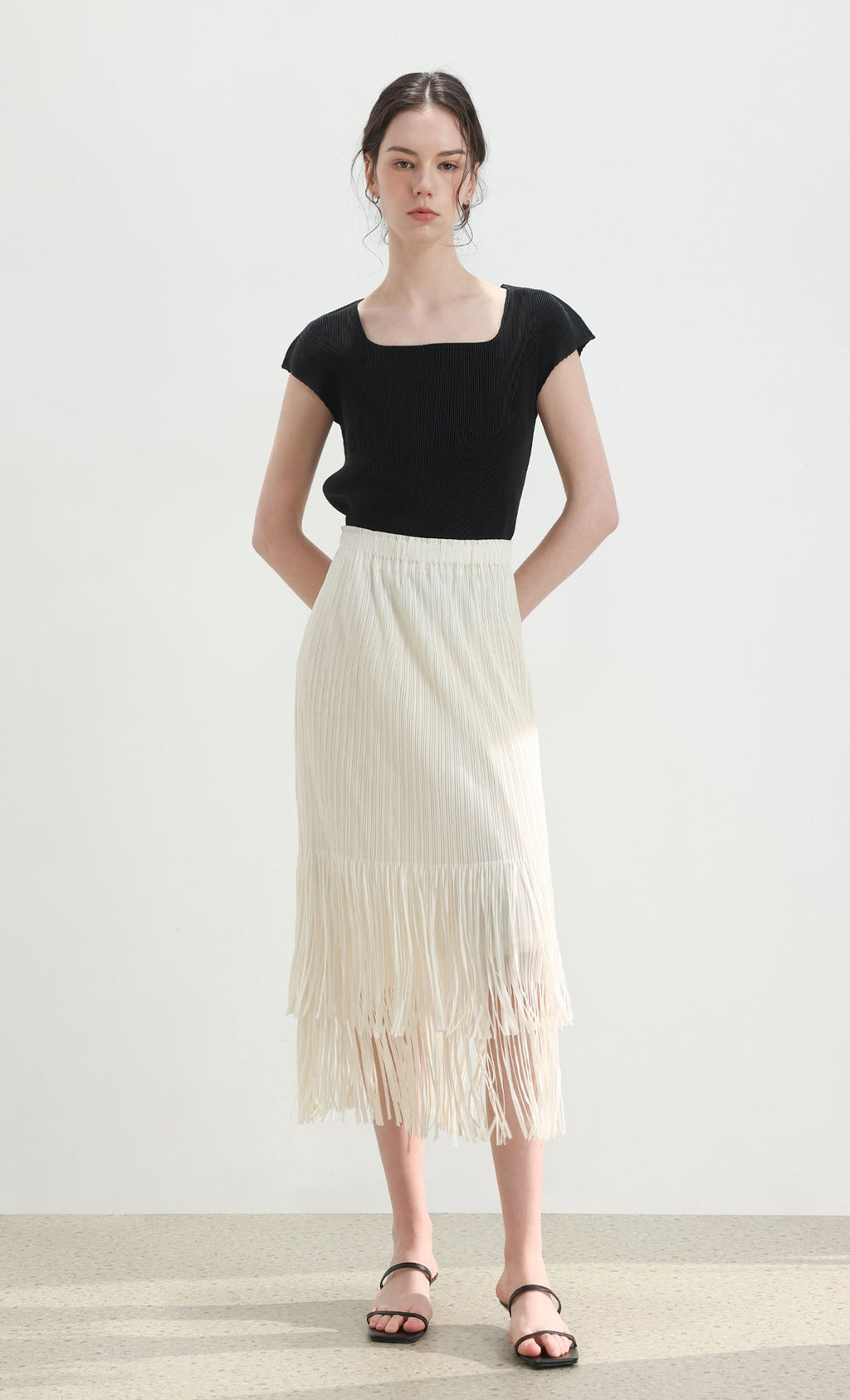 Fringe pleated skirt_ivory